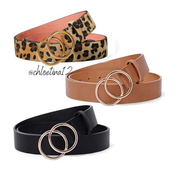 Set of THREE Women’s Belts, 3 Double O Circle Buckle Leather Belts - Picture 1 of 10